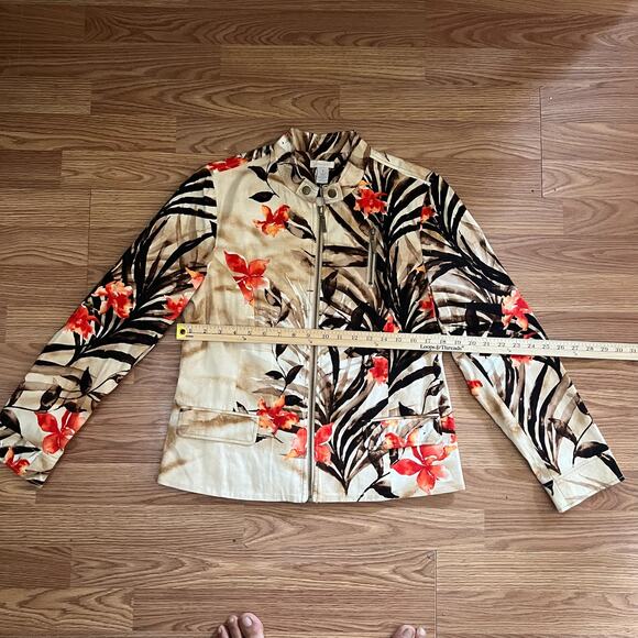 Chico’s Floral Bomber Jacket M | Tropical Zip Up Lightweight Resort Coat Coral - Picture 4 of 6